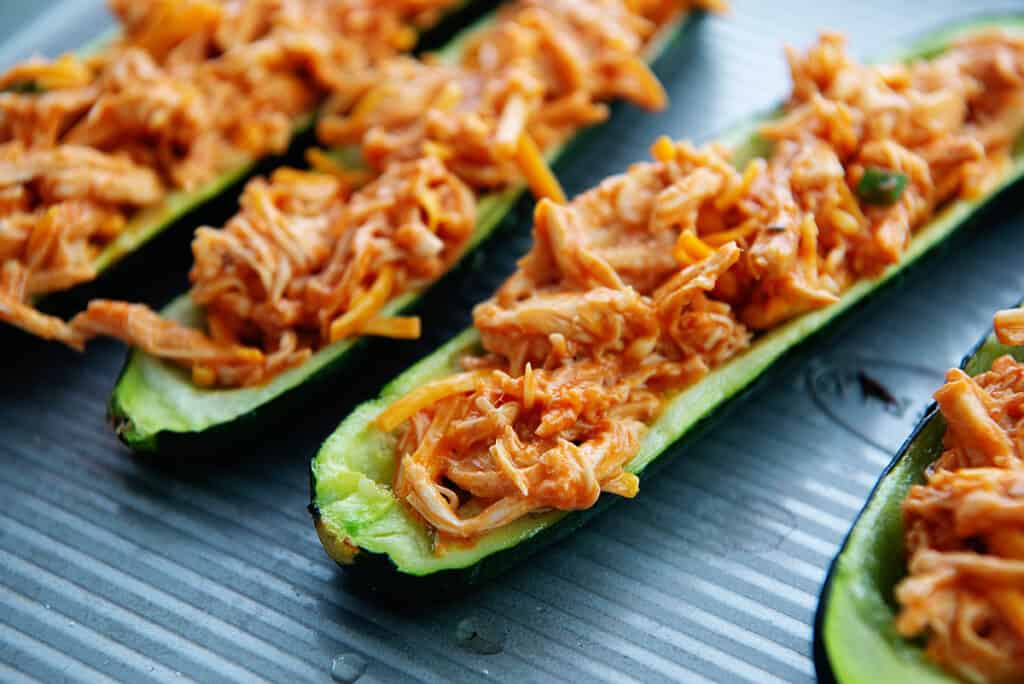 zucchini boats filled with buffalo chicken.