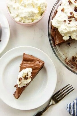 overhead view of keto chocolate pie topped with whipped cream.