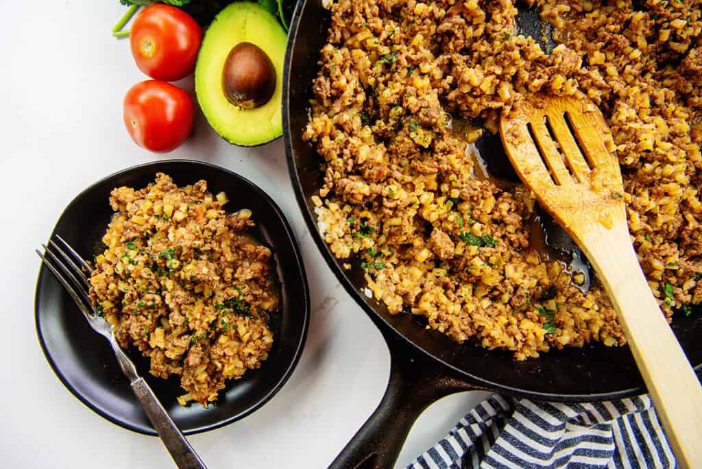 one skillet Mexican cauliflower skillet recipe in cast iron.