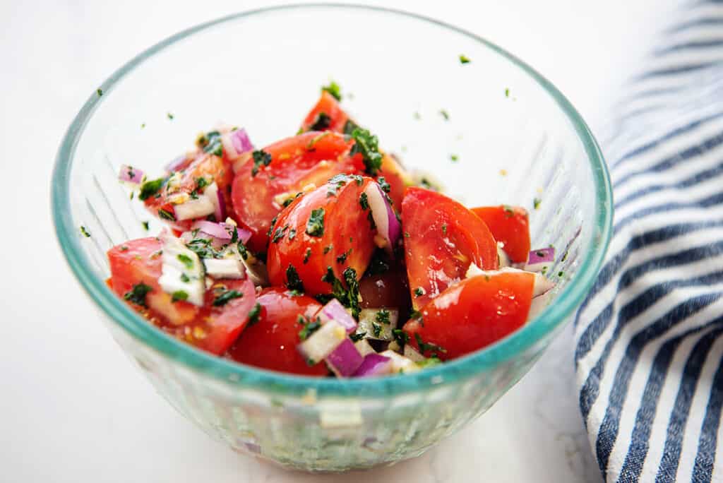 tomato mixture in glass bowl.