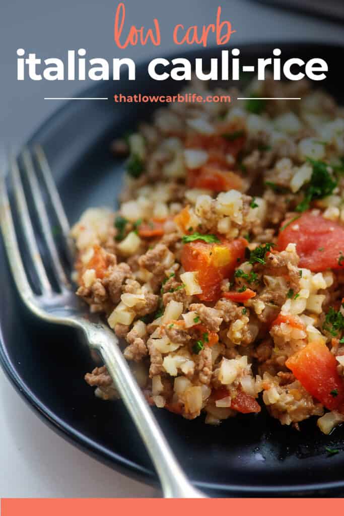 cauliflower rice recipe on black plate.