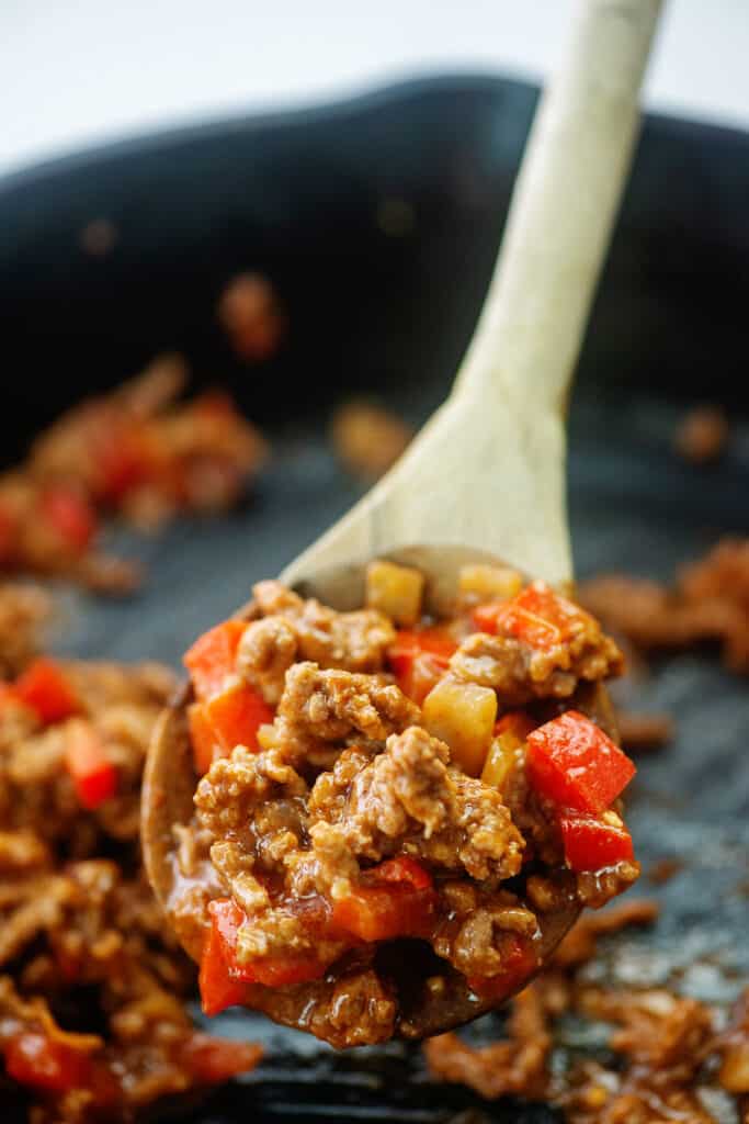 keto sloppy joe on wooden spoon.