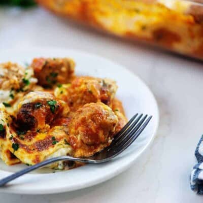 keto meatball casserole on white plate.