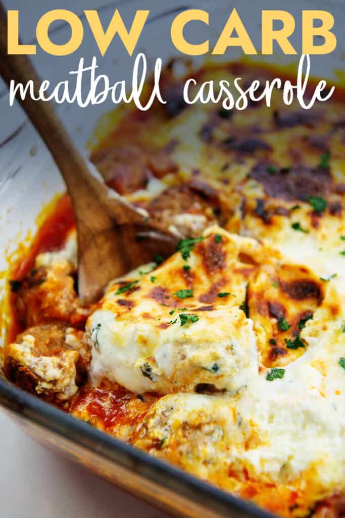 meatball casserole on wooden spoon with text for Pinterest.