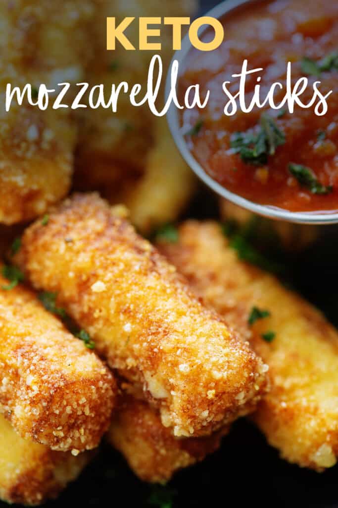 stack of mozzarella sticks with text for Pinterest.