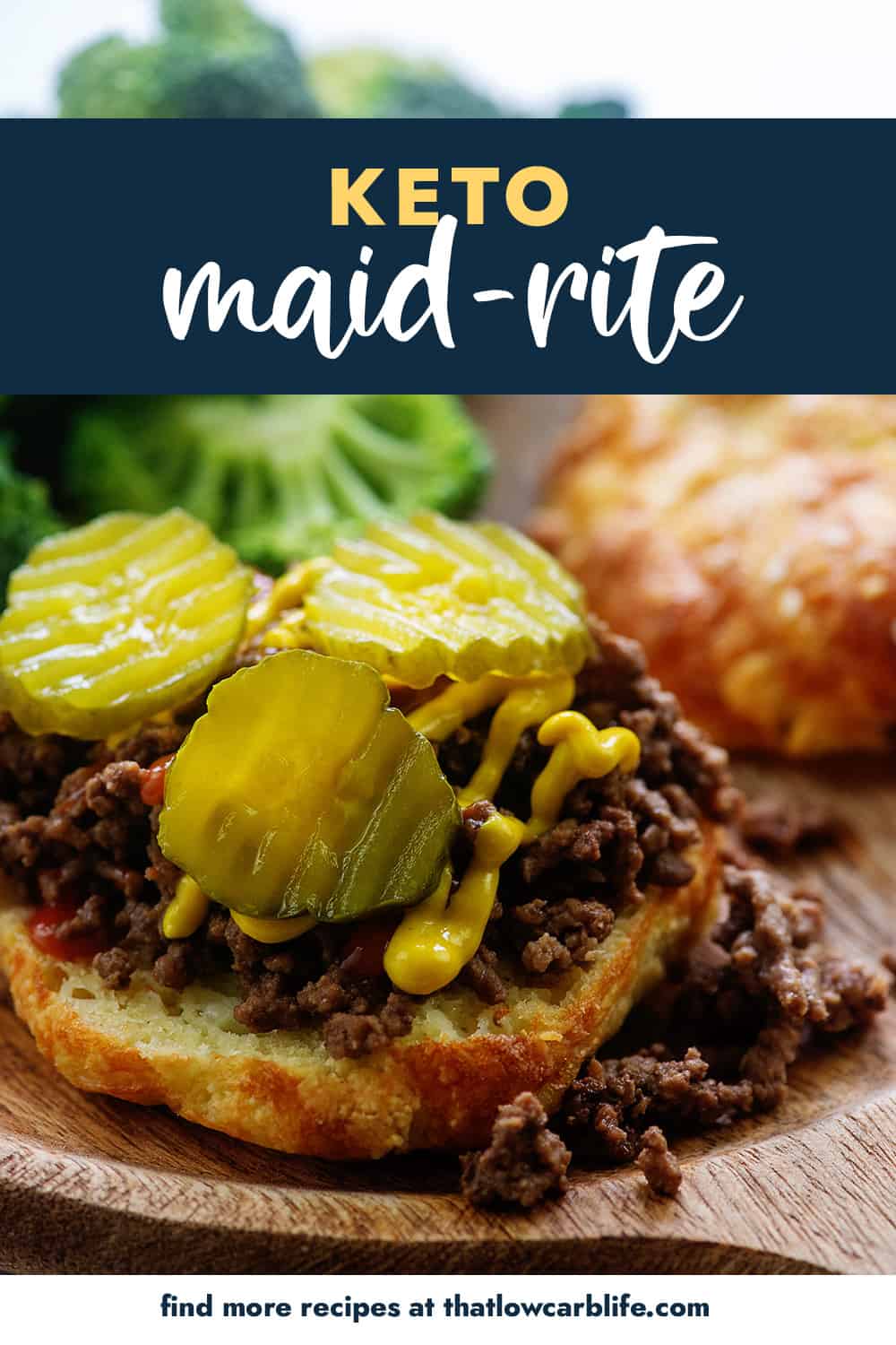 keto maid-rite burger topped with pickles and mustard.