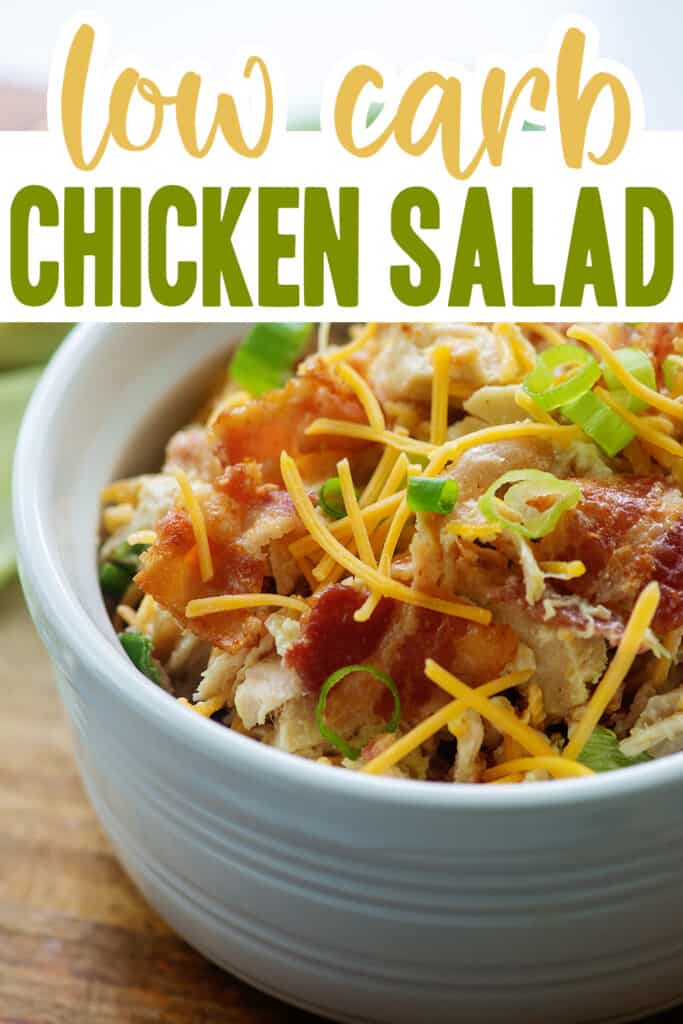 low carb chicken salad in white bowl.