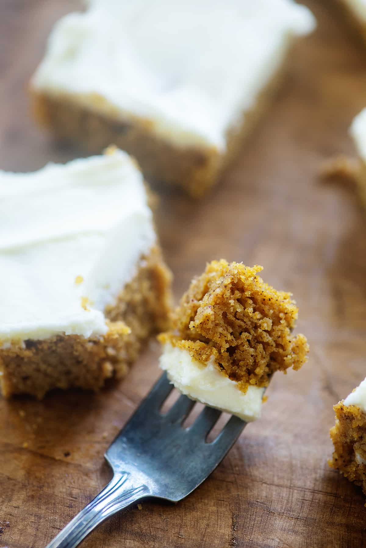 bite of low carb pumpkin bars on a fork.