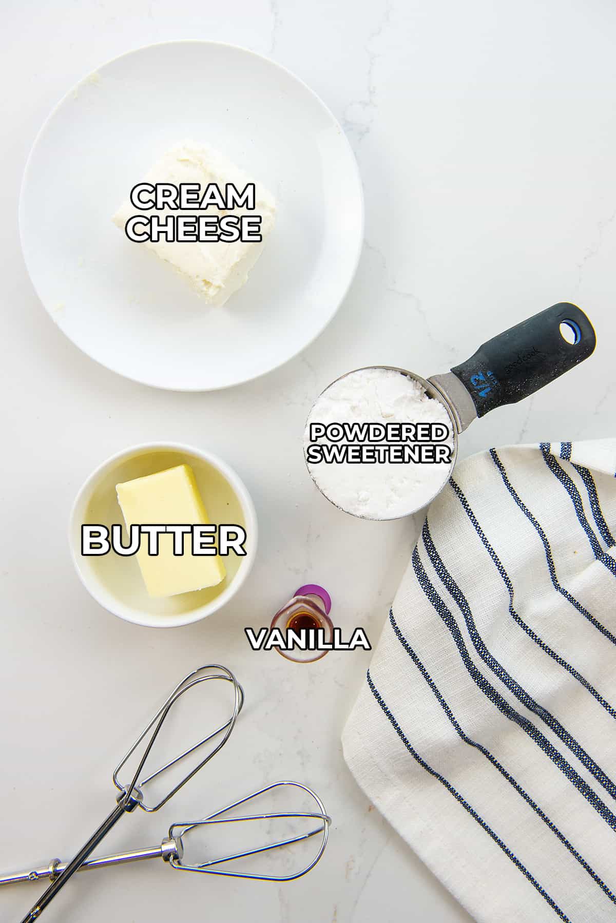 ingredients for keto cream cheese frosting with text labels.