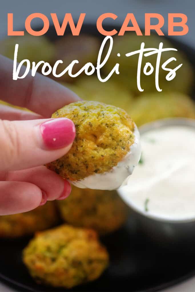 broccoli tot being dipped in ranch dressing.