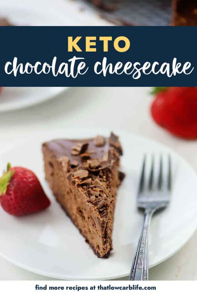 slice of death by chocolate cheesecake on plate with text for Pinterest.