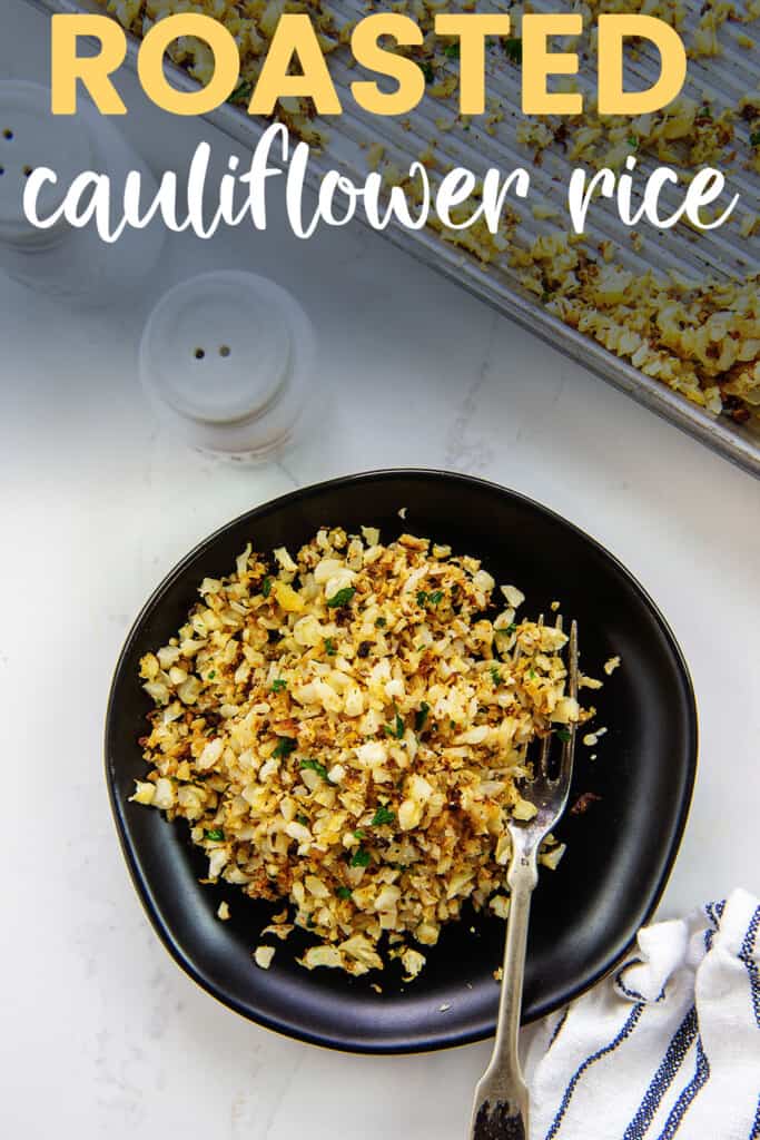 cauliflower rice on plate with text for pinterest.