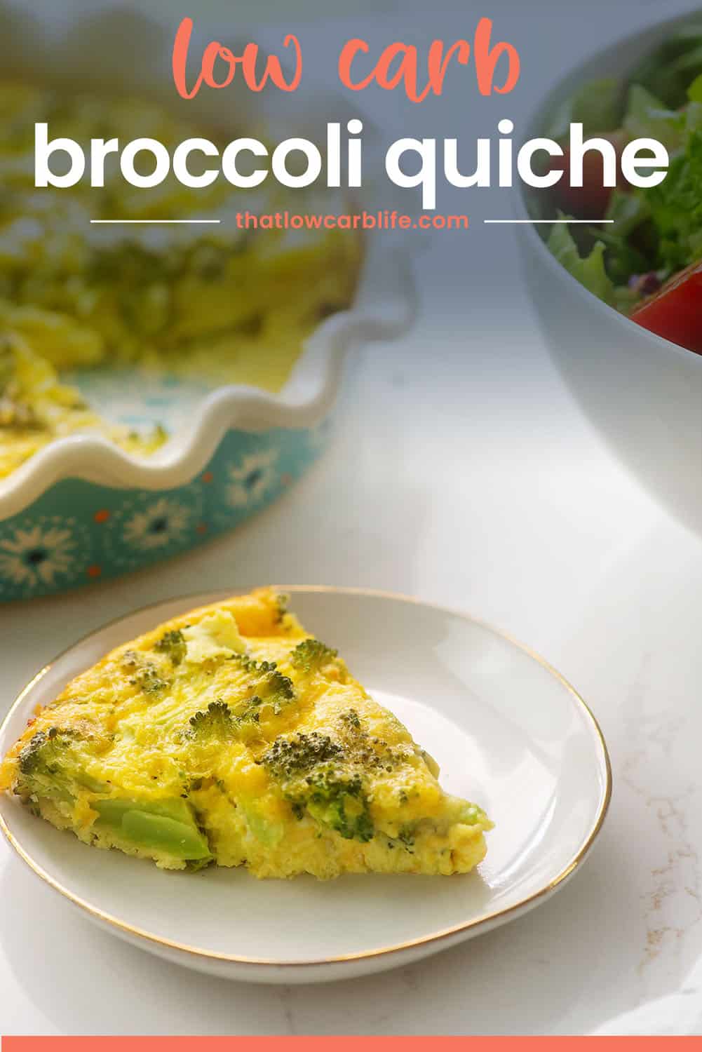 crustless broccoli quiche on white plate with text for Pinterest.