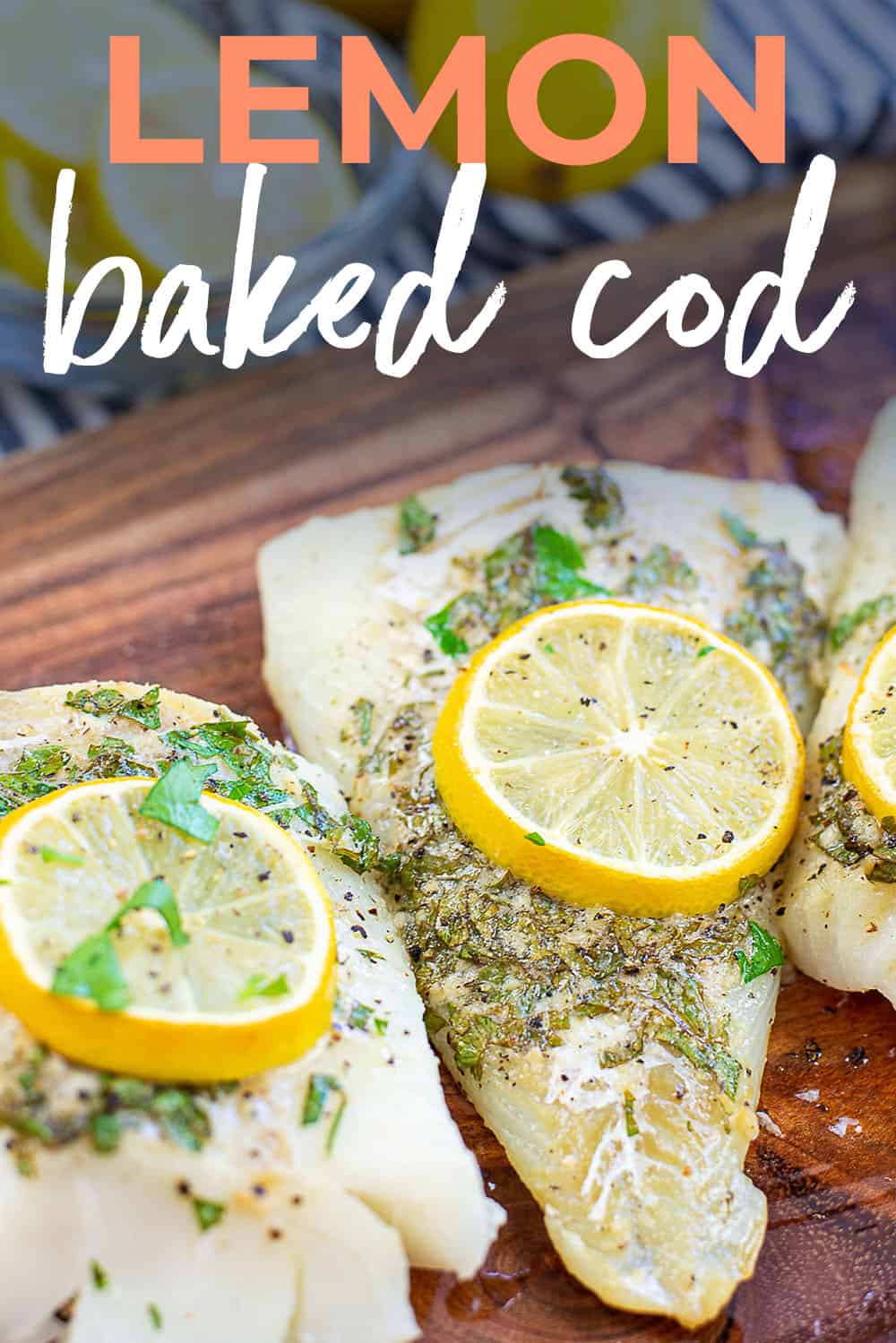 lemon baked cod with text for Pinterest.