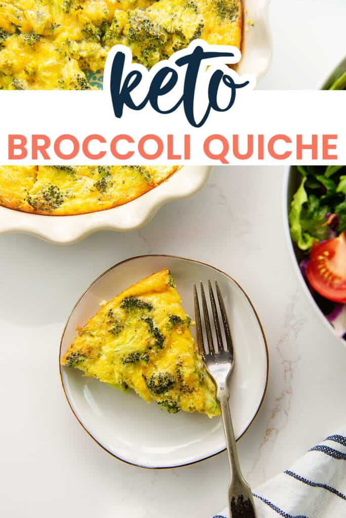 broccoli quiche on plate with text for Pinterest.