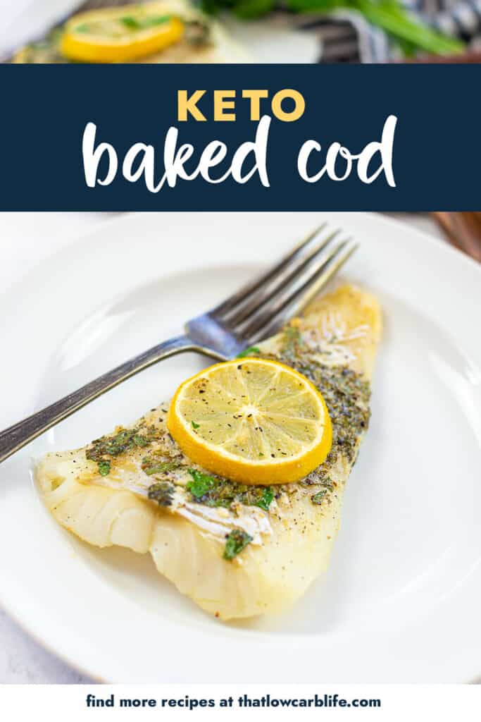 baked cod on white plate.