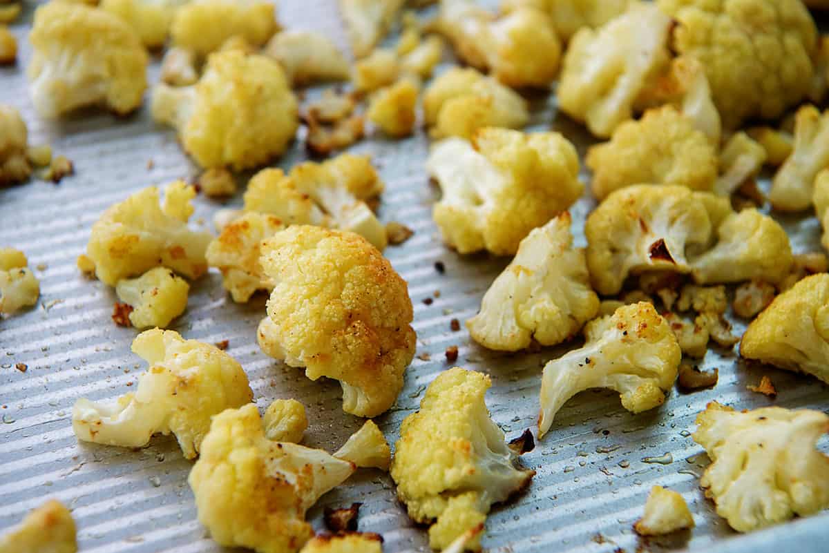 roasted cauliflower on sheet pan.