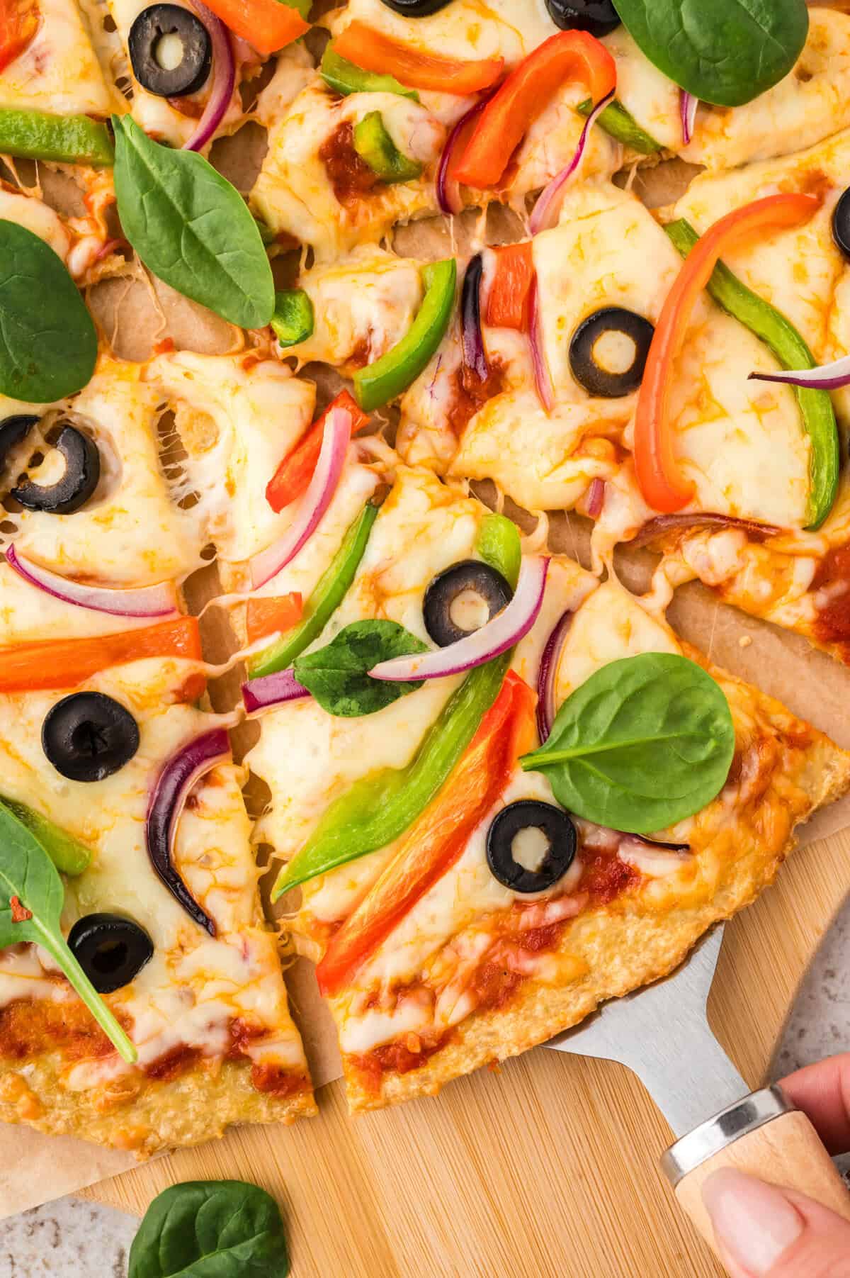 Overhead view of chicken crust pizza recipe.