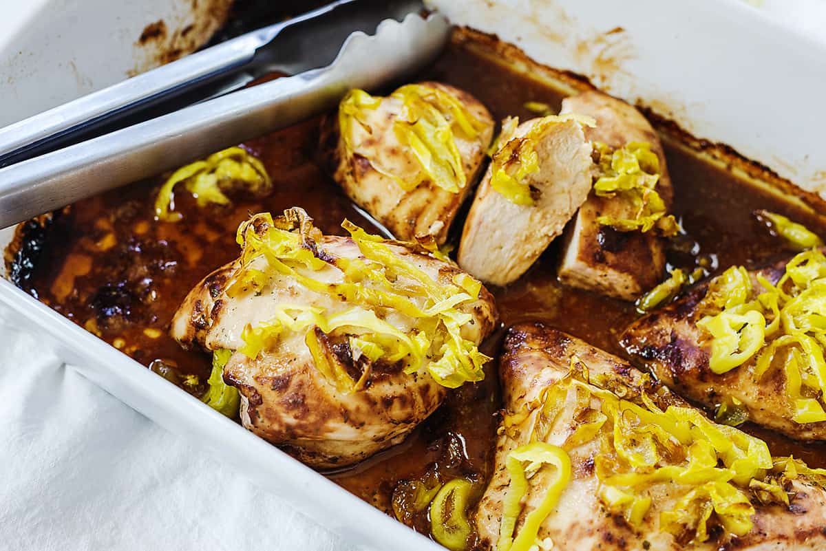 baked chicken in ceramic dish.