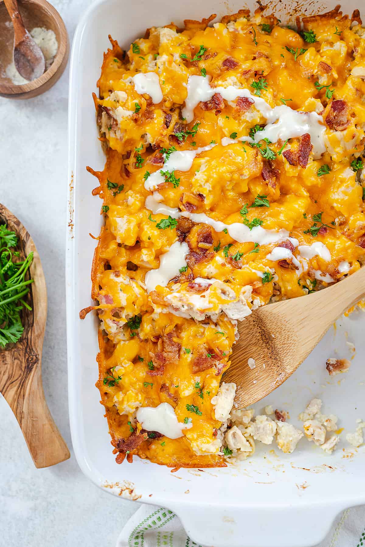 chicken casserole in baking dish.