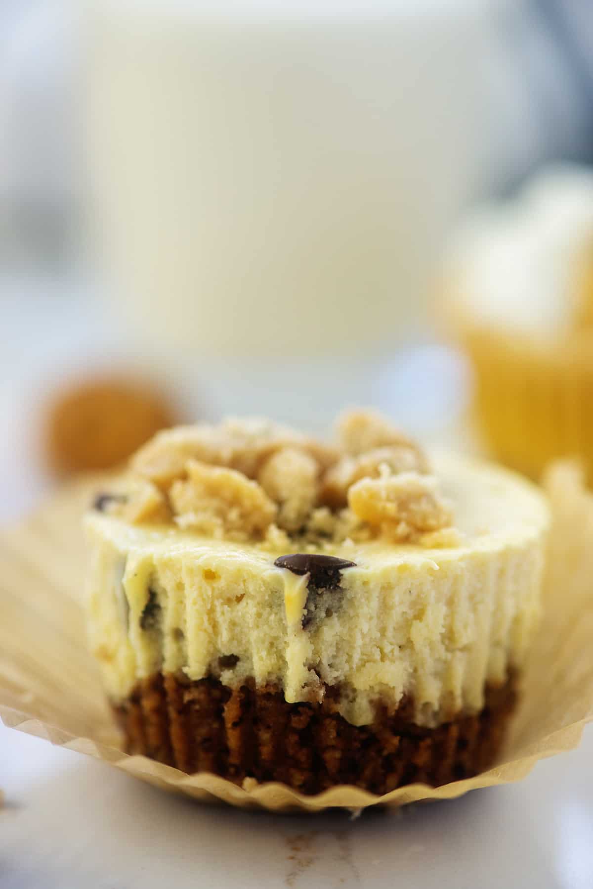 chocolate chip cookie cheesecake on muffin liner.
