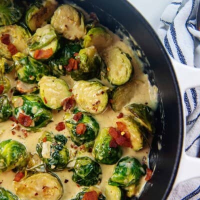 Garlic parmesan Brussels sprouts in baking dish.
