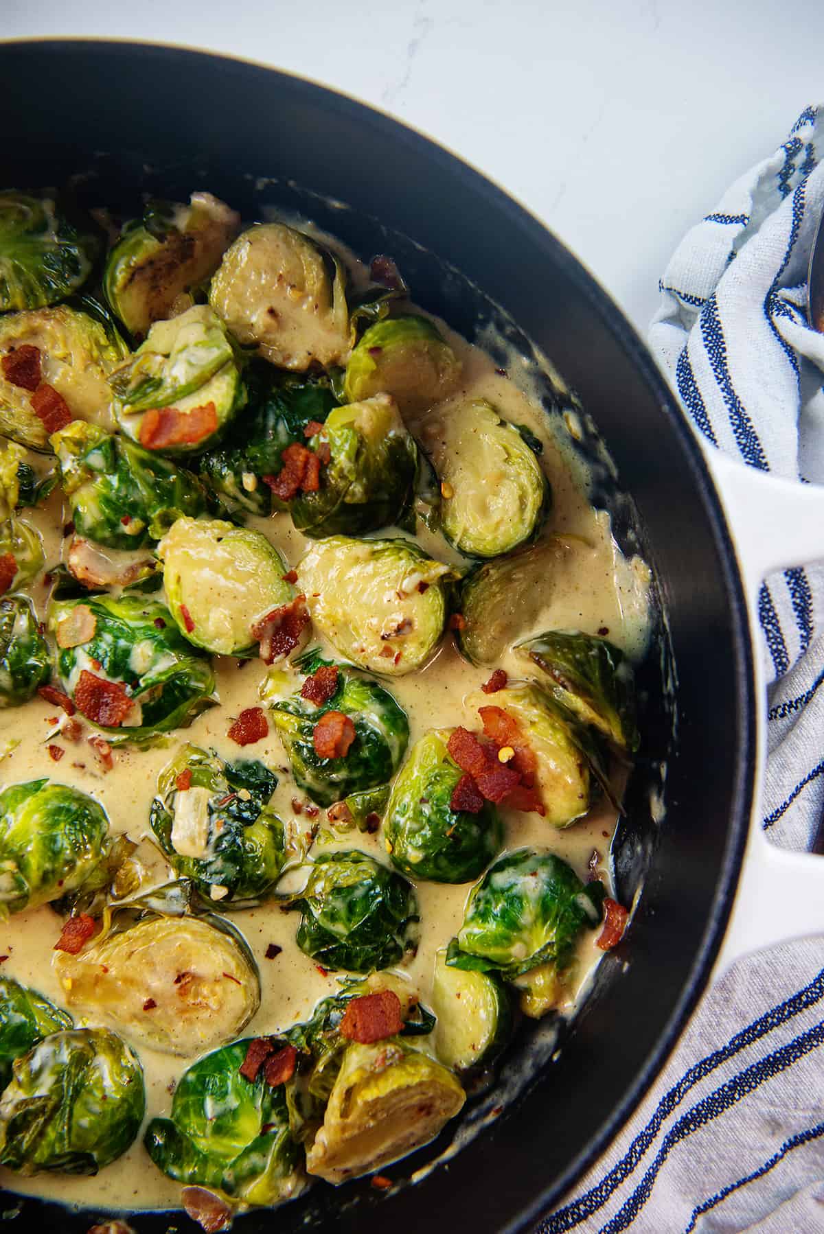 Garlic parmesan Brussels sprouts in baking dish.