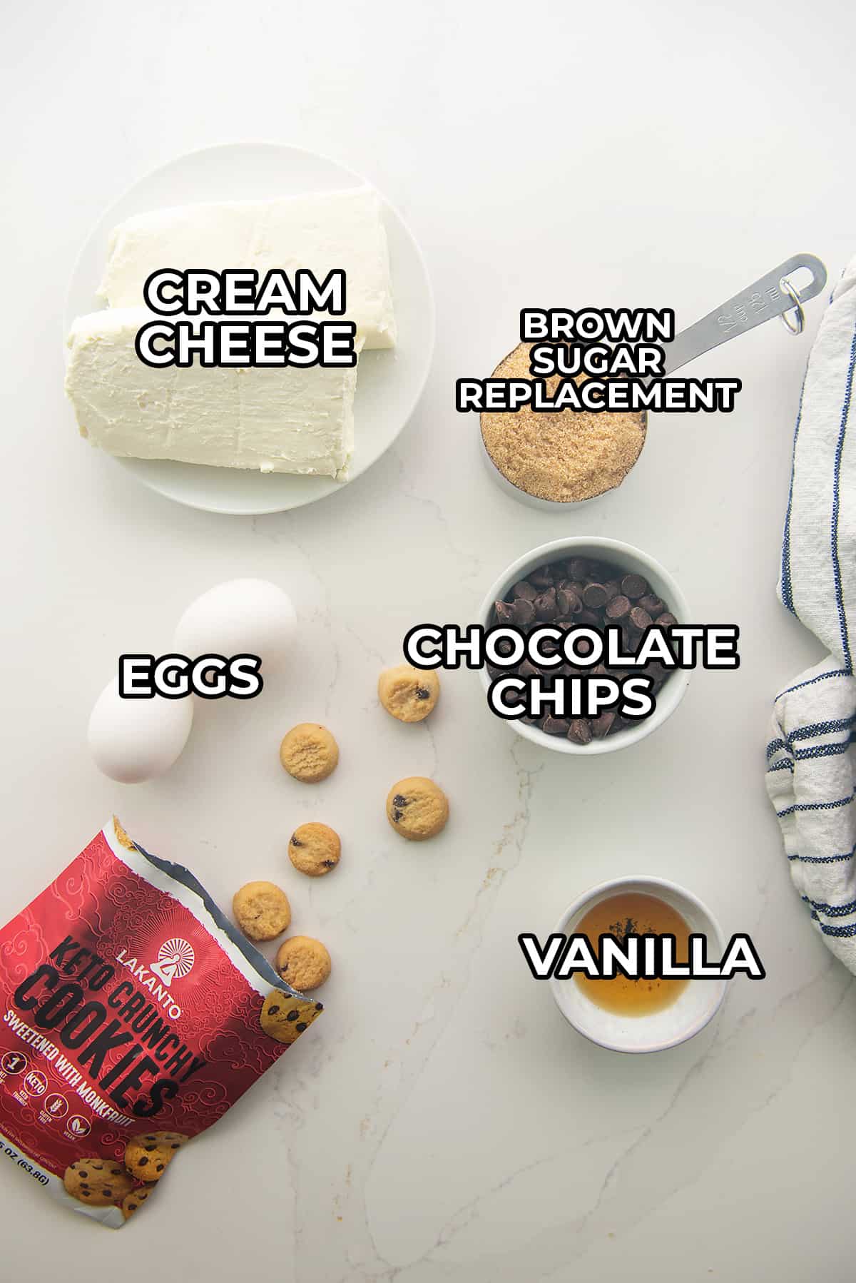 ingredients for cookie dough cheesecake.