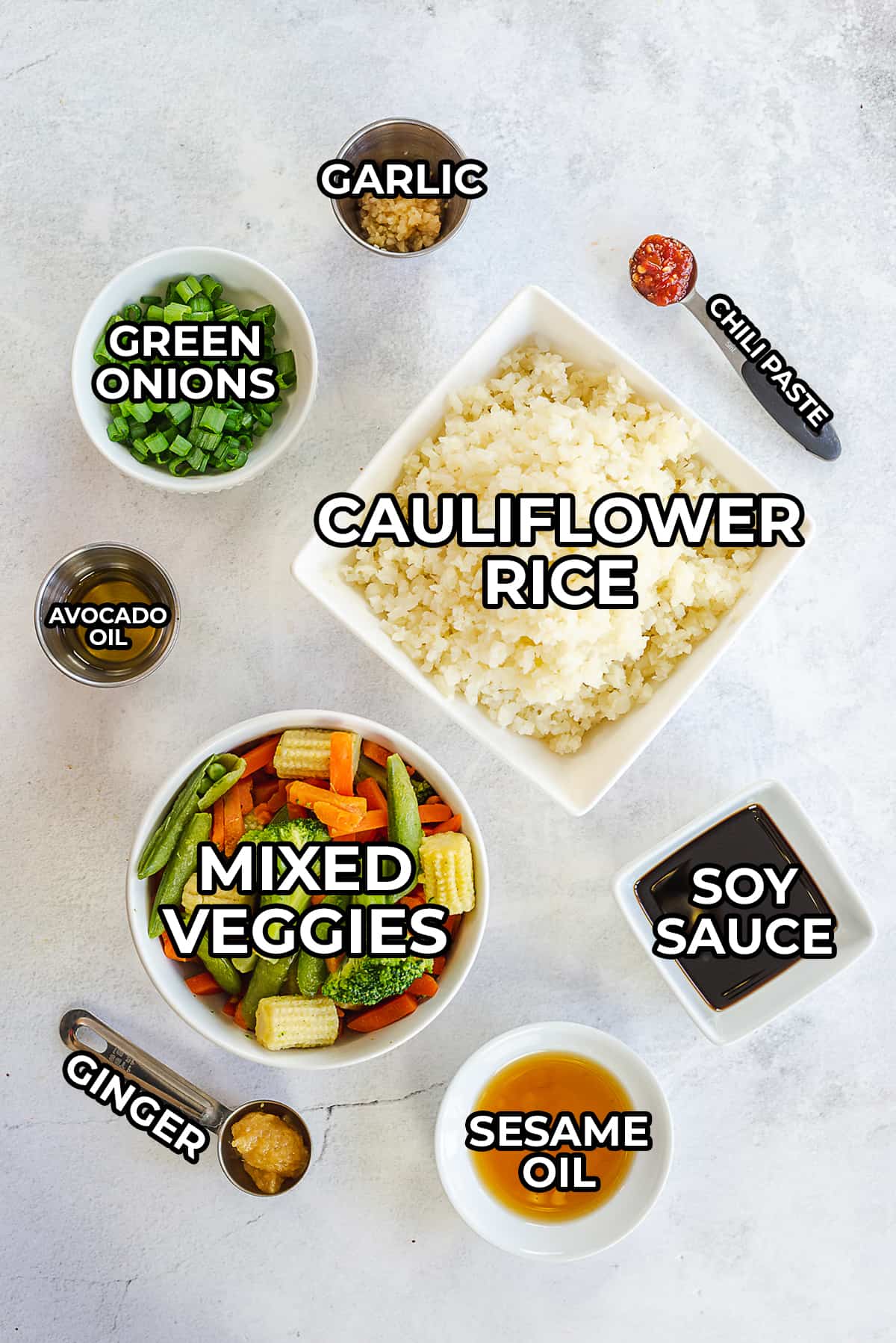 ingredients for cauliflower rice stir fry recipe.