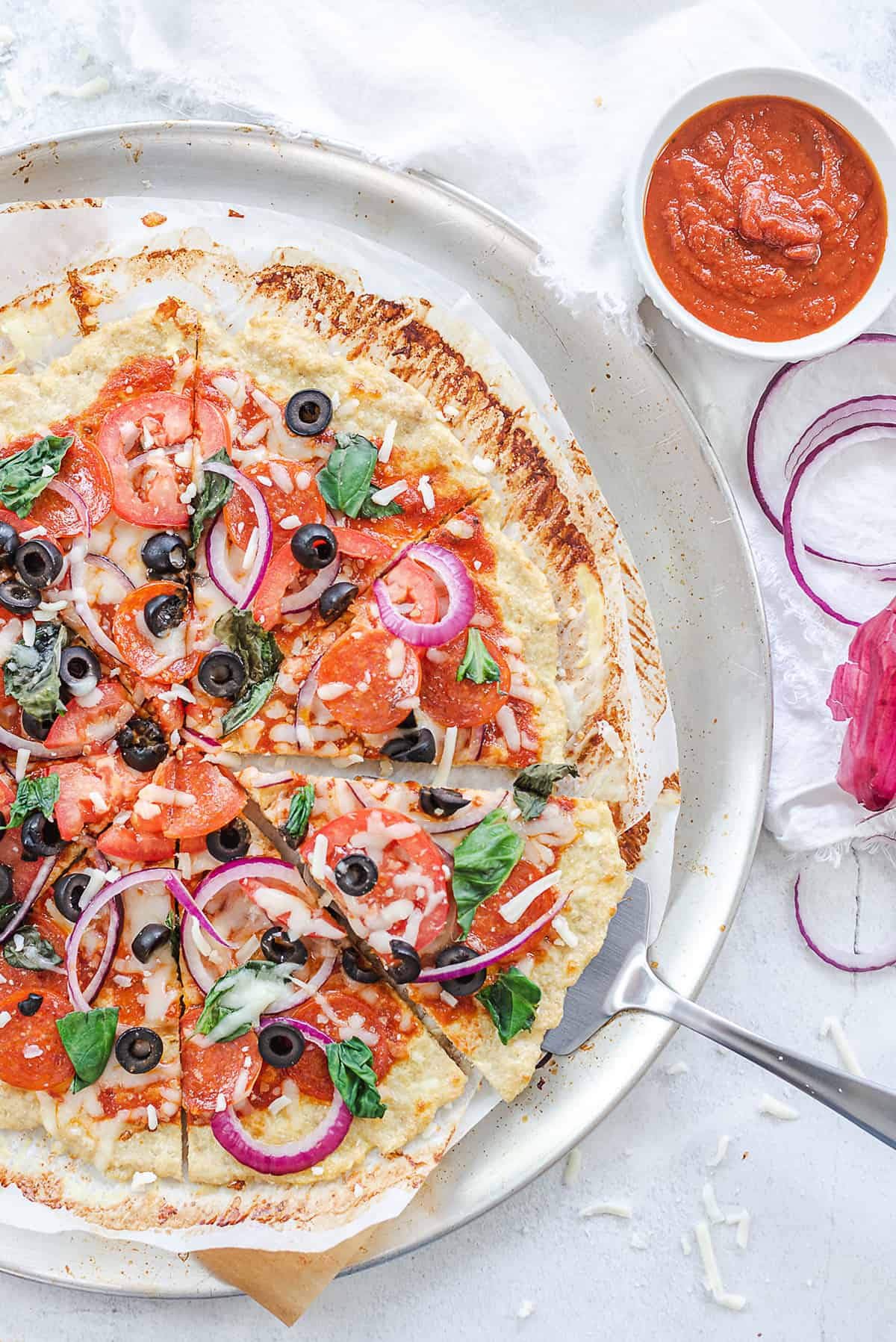 chicken crust pizza on pizza pan.