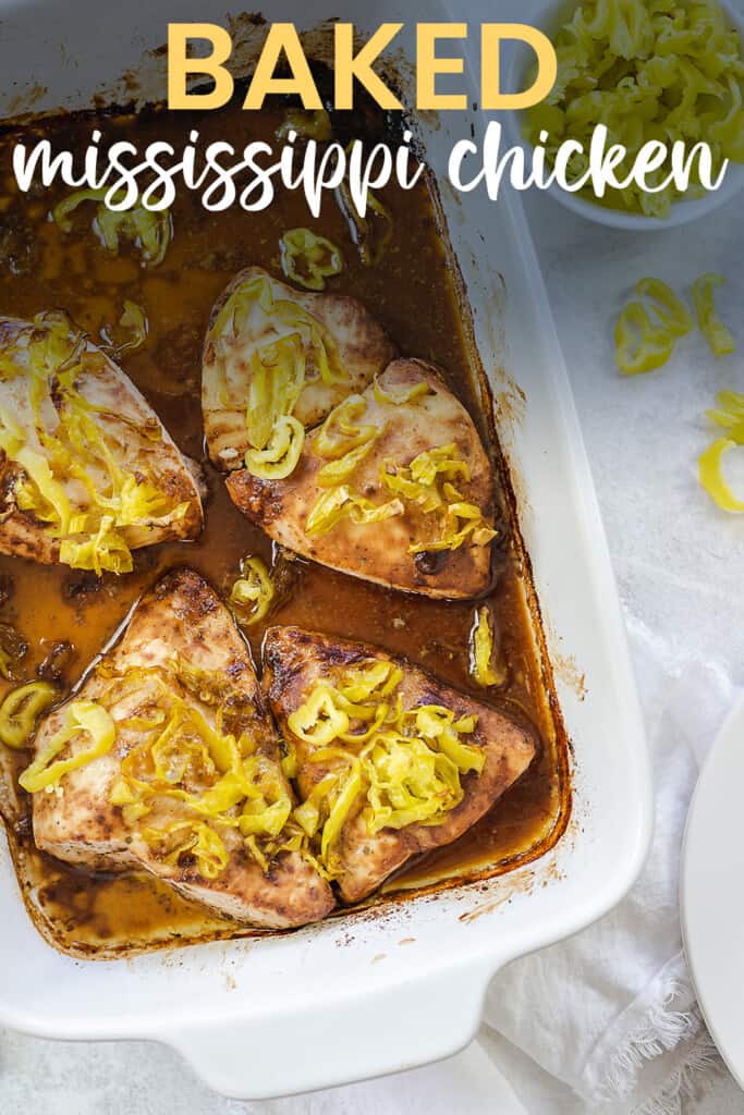 chicken recipe in white baking dish with text for Pinterest.