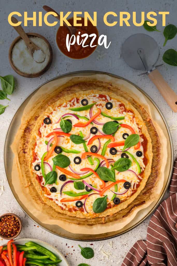 Chicken crust pizza on pizza pan.