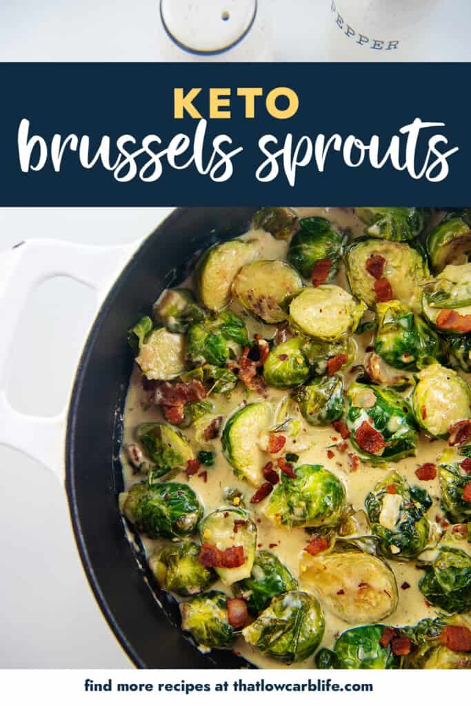 brussels sprouts in skillet with text for Pinterest.