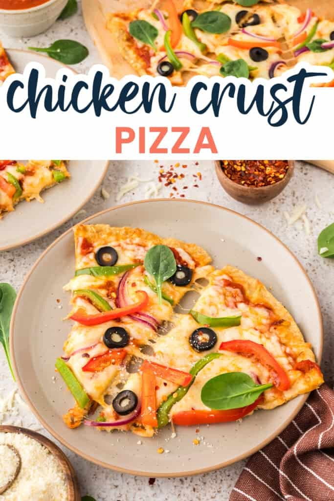 Two slices of chicken crust pizza on small plate.