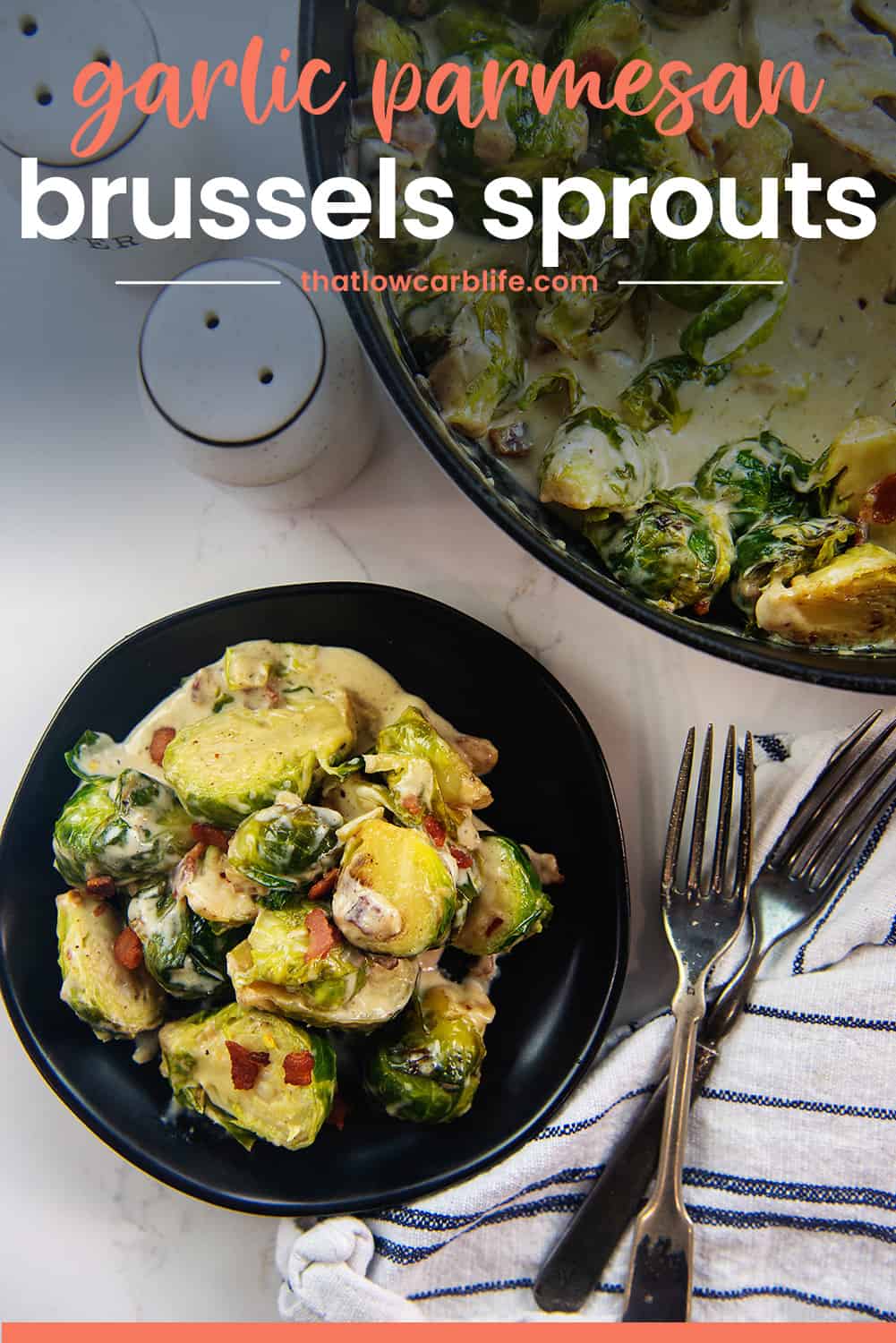 Garlic Parmesan Brussels Sprouts on black plate with text for Pinterest.