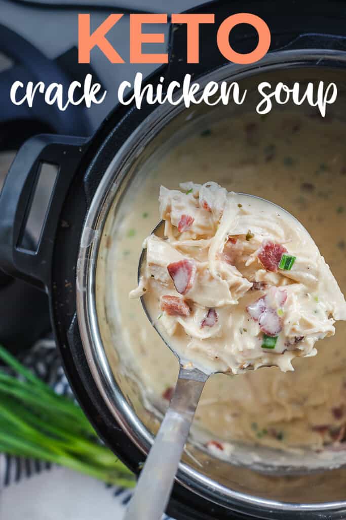 chicken soup in ladle with text for pinterest.