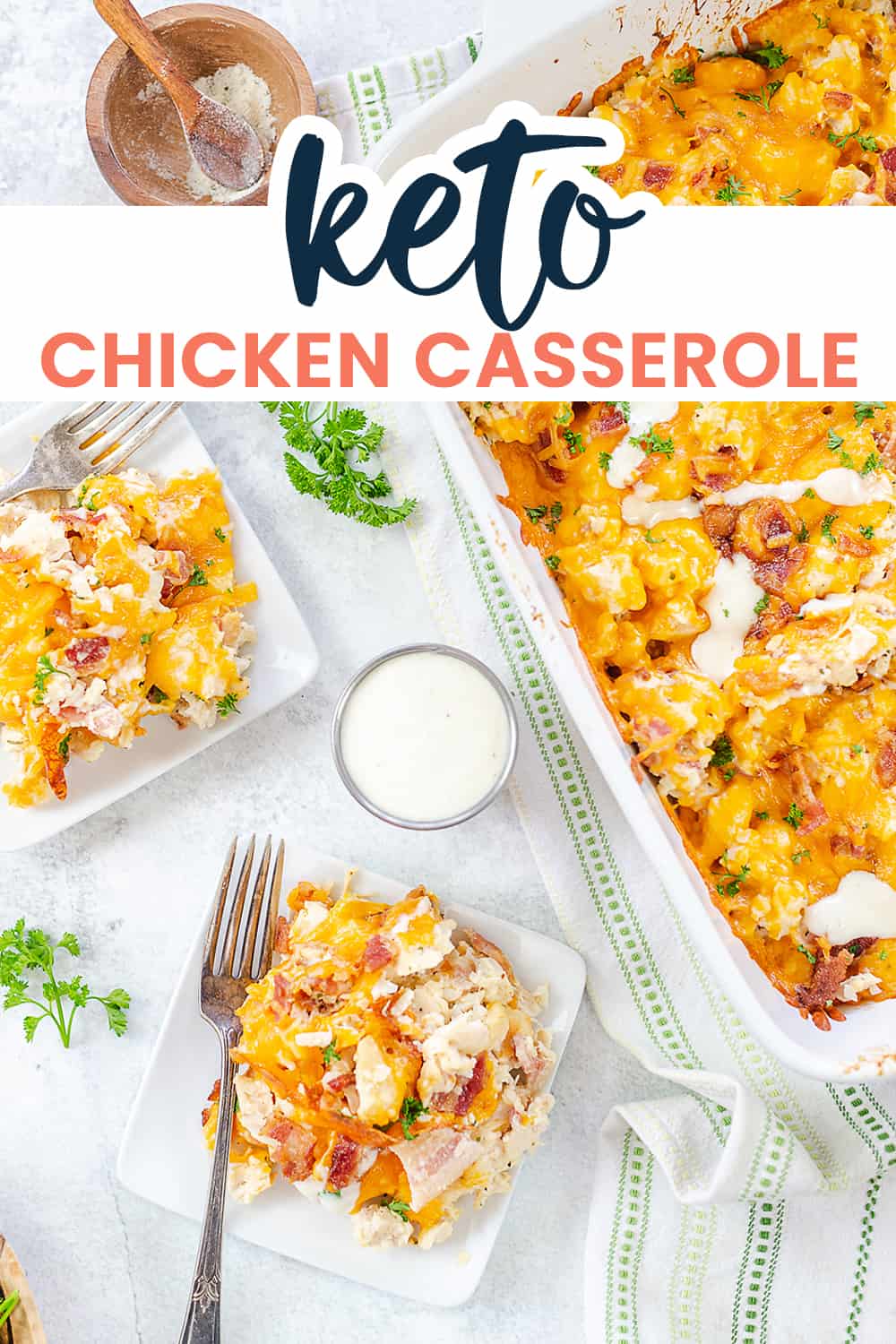 keto chicken casserole on white plates with text for PItnerest.