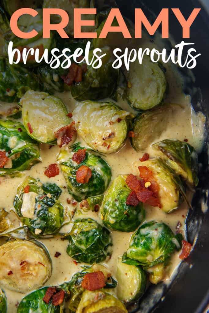 Parmesan brussels sprouts in skillet with text for pinterest.