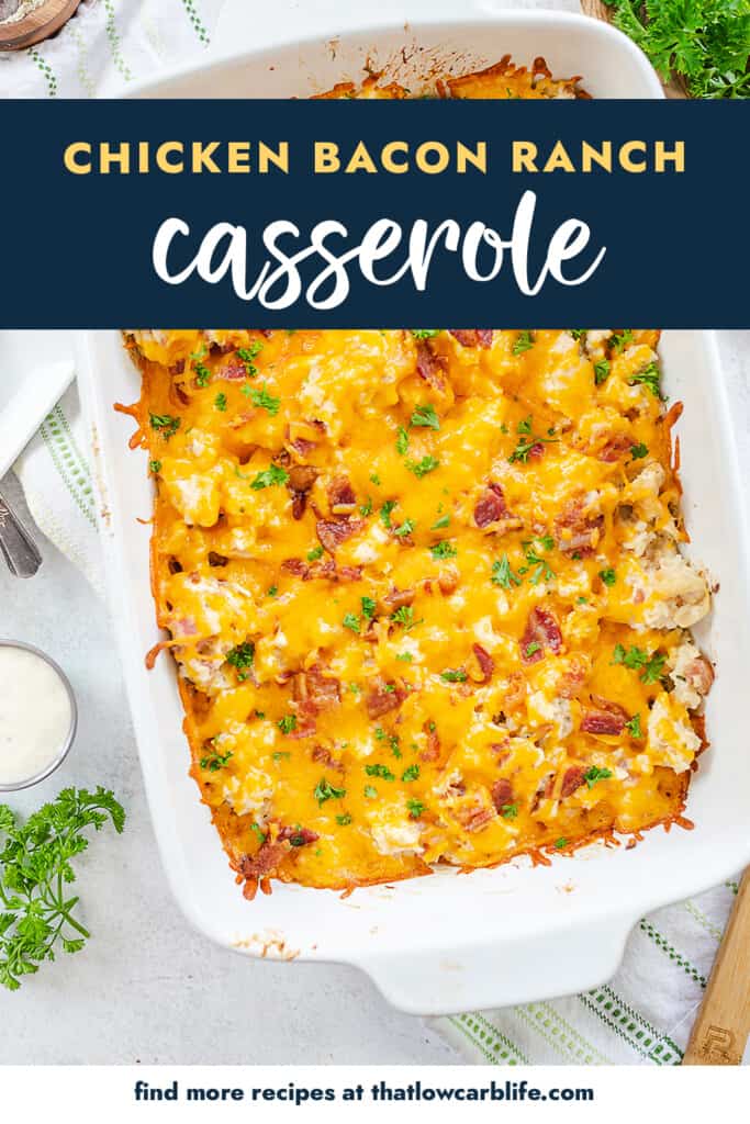chicken casserole in dish with text for Pinterest.