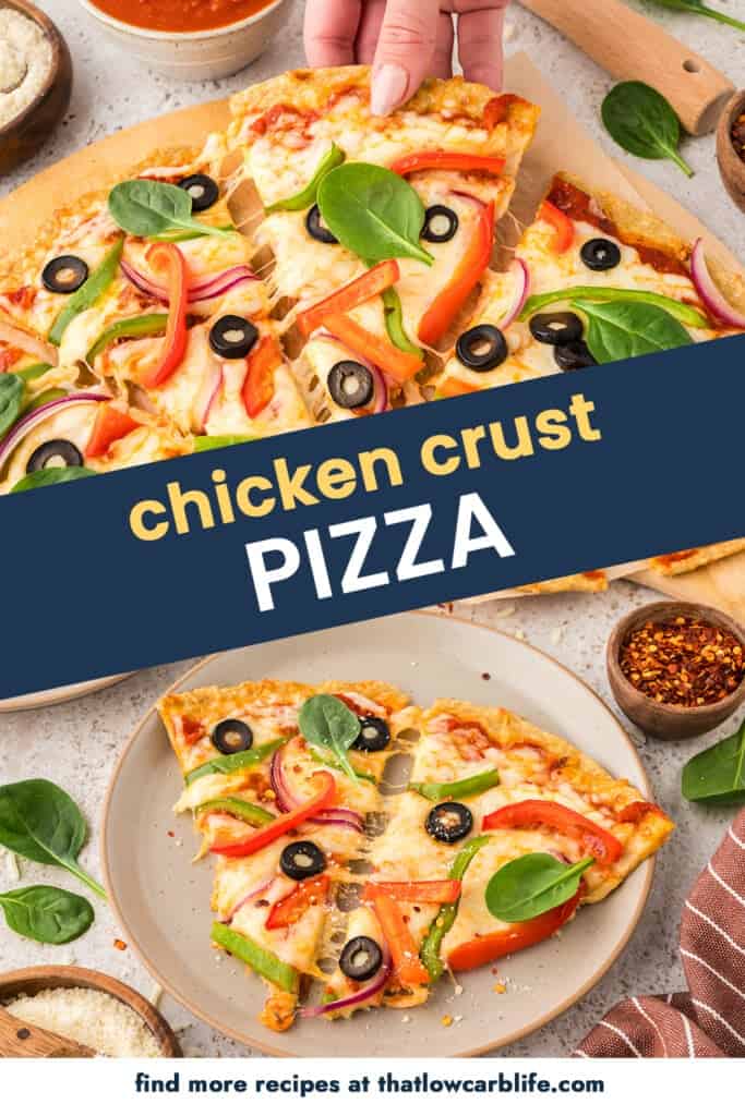 Collage of chicken crust pizza images.