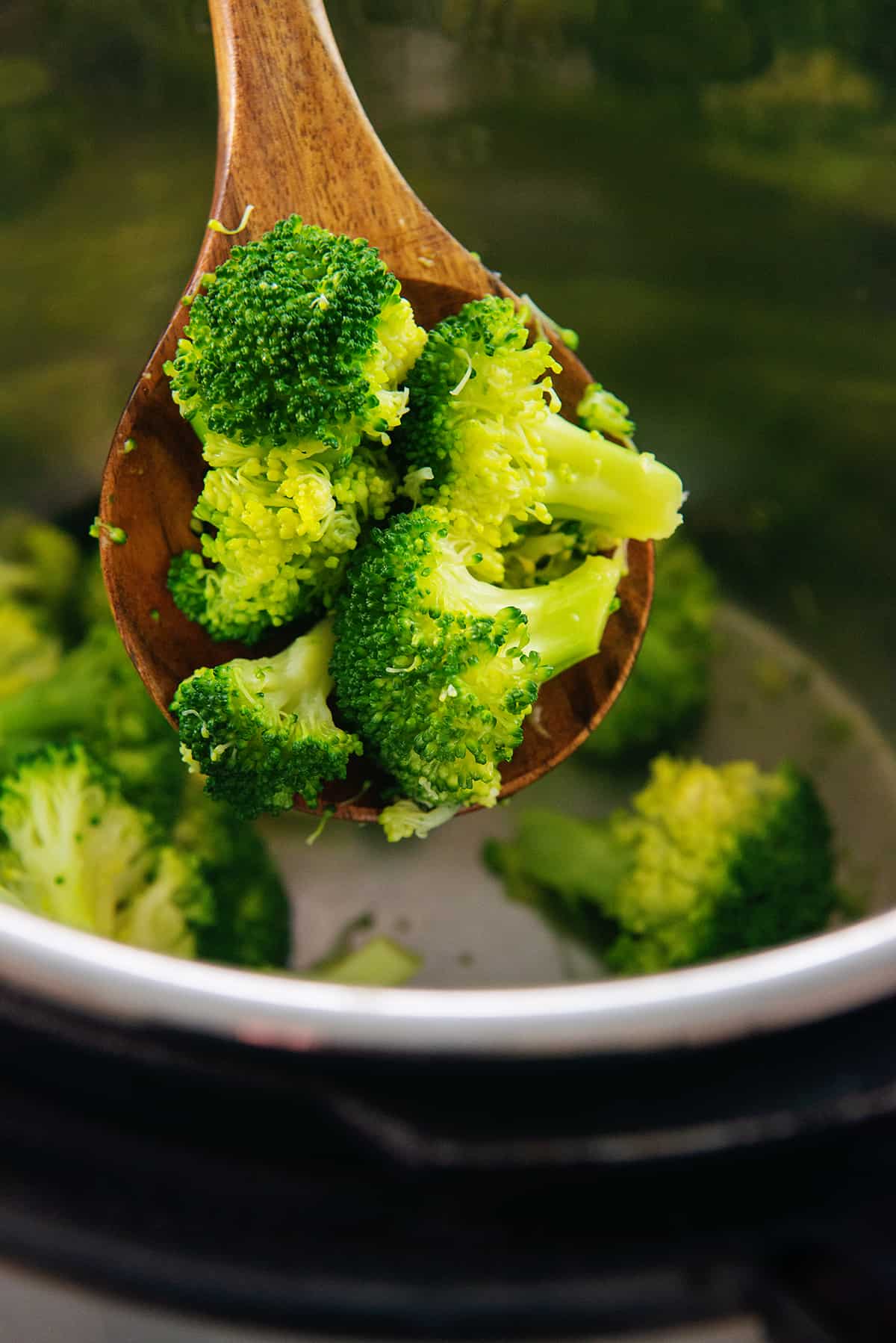 steamed broccoli on wooden spoon.