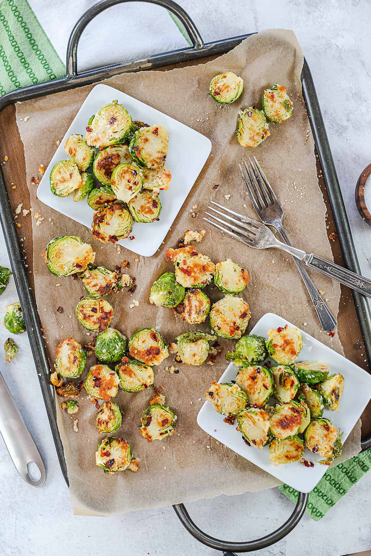 crispy roasted Brussels sprouts recipe on tray.