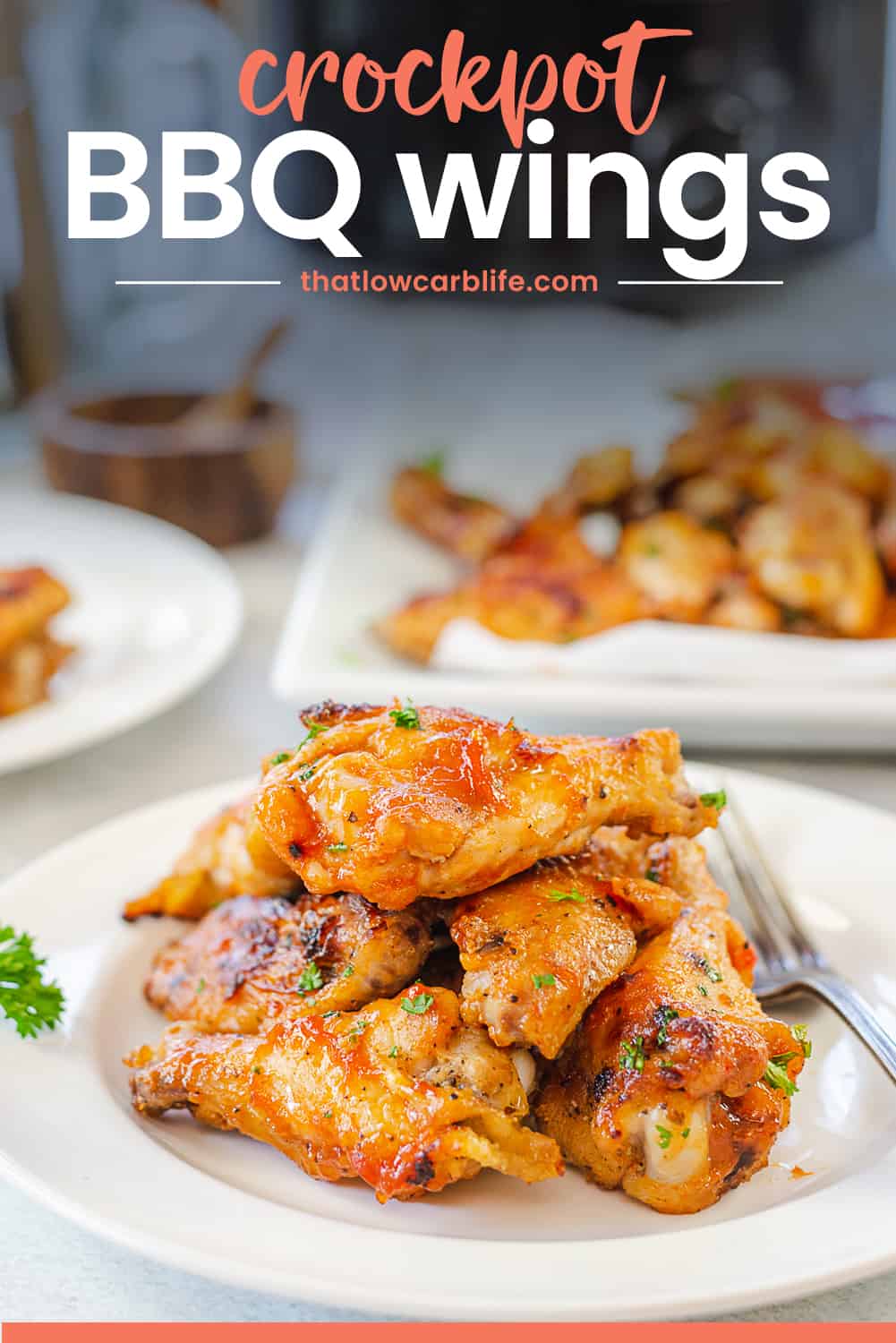 crockpot bbq wings on white plate.