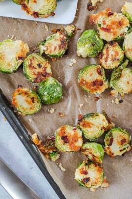 roasted brussels sprouts on parchment paper.