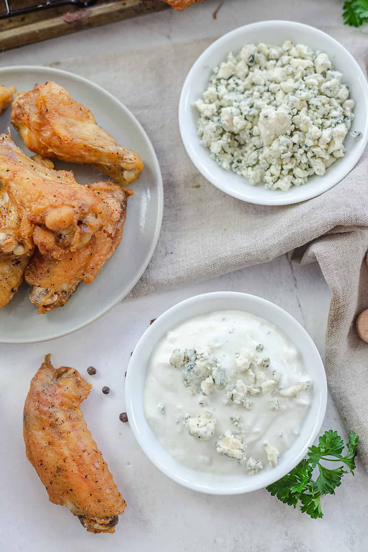 keto blue cheese dressing in small white bowl.