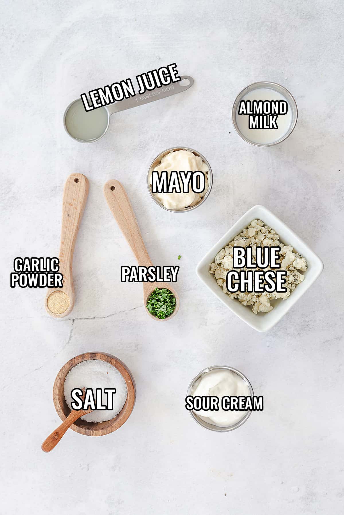 ingredients for homemade blue cheese dressing recipe.