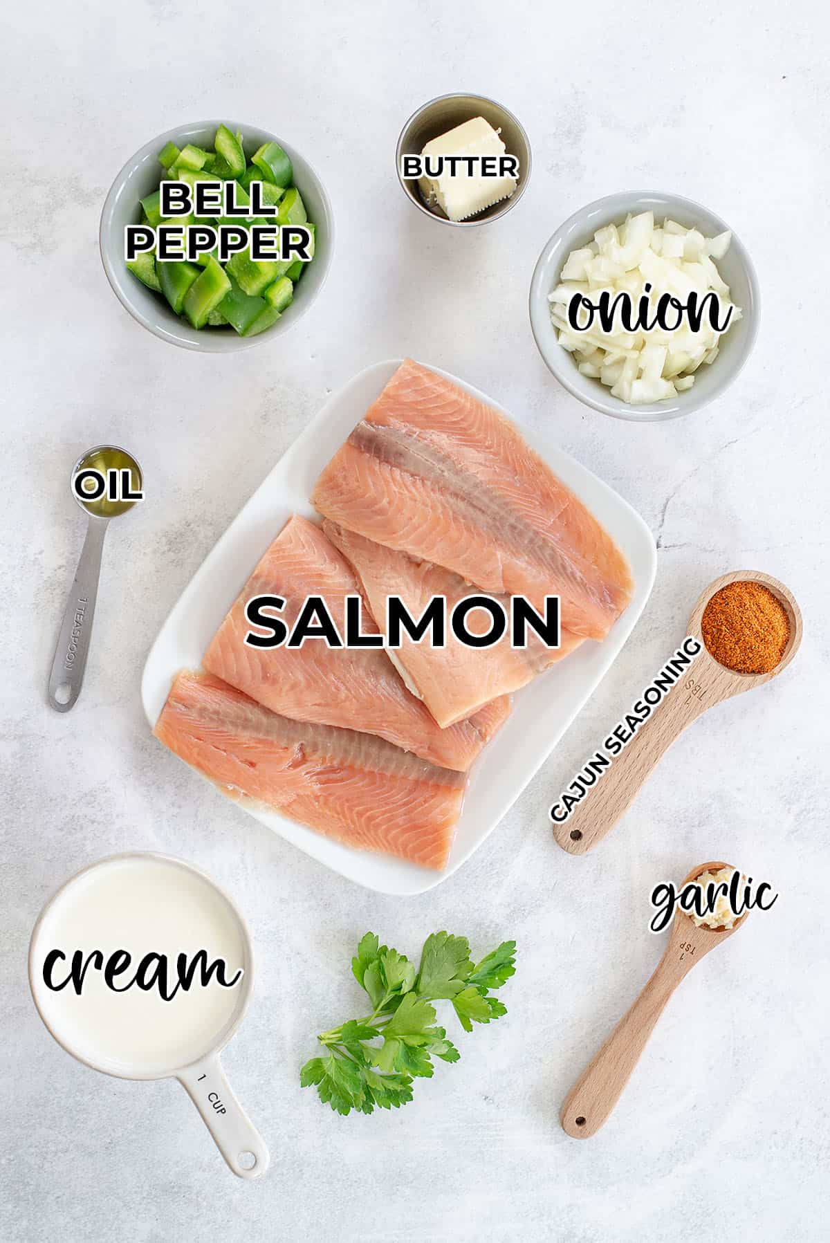 ingredients for creamy cajun salmon recipe.