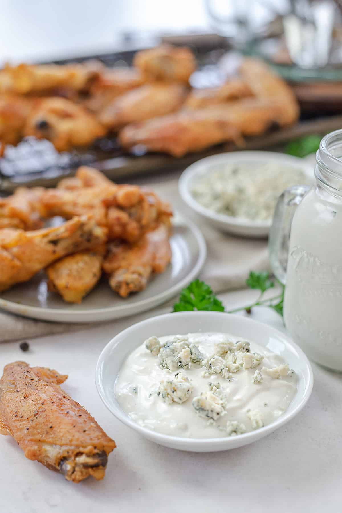 keto blue cheese dressing in small white bowl.