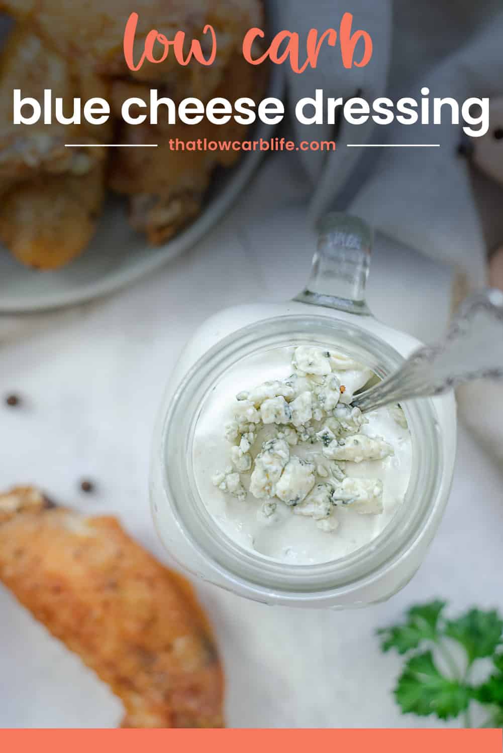 blue cheese dip in glass jar.