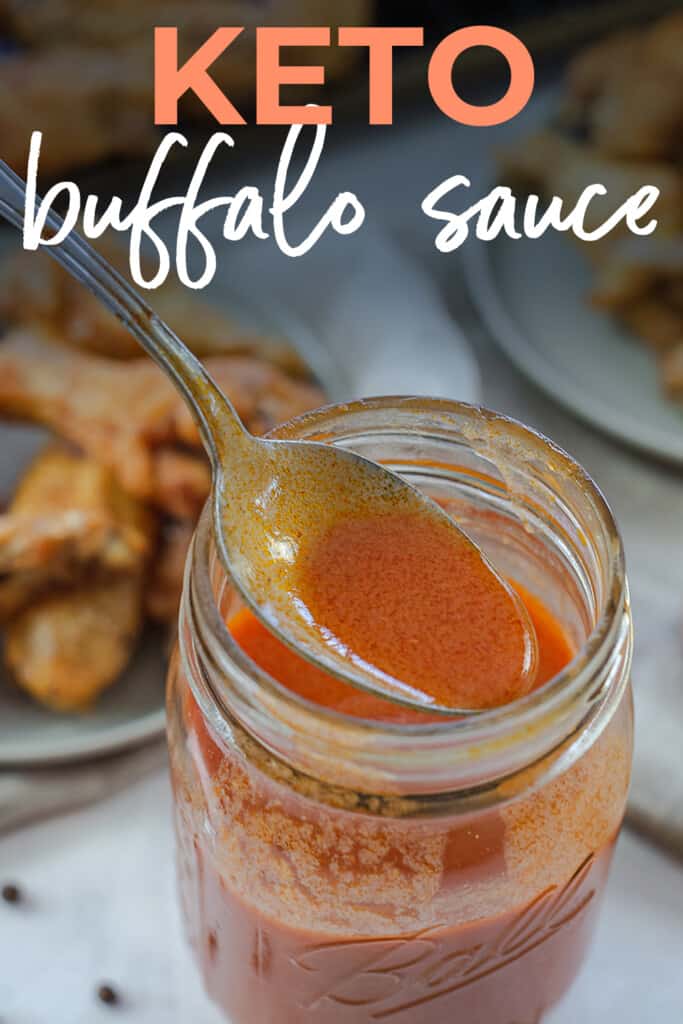 buffalo sauce recipe in jar with text for Pinterest.